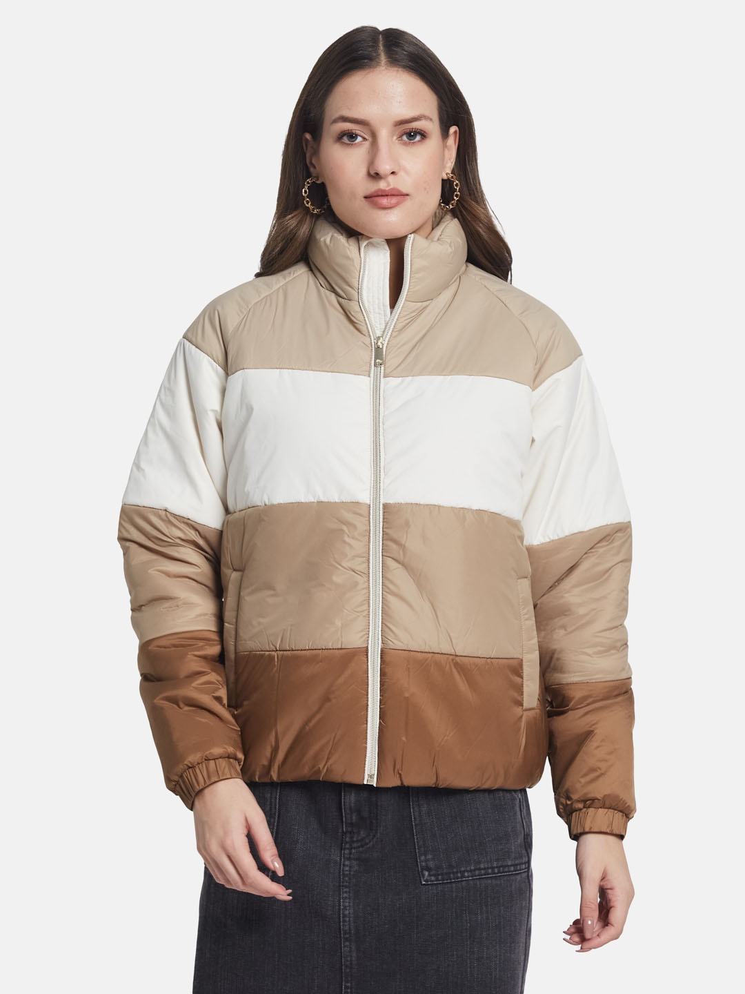 

METTLE Women Colourblocked Padded Jacket, Brown