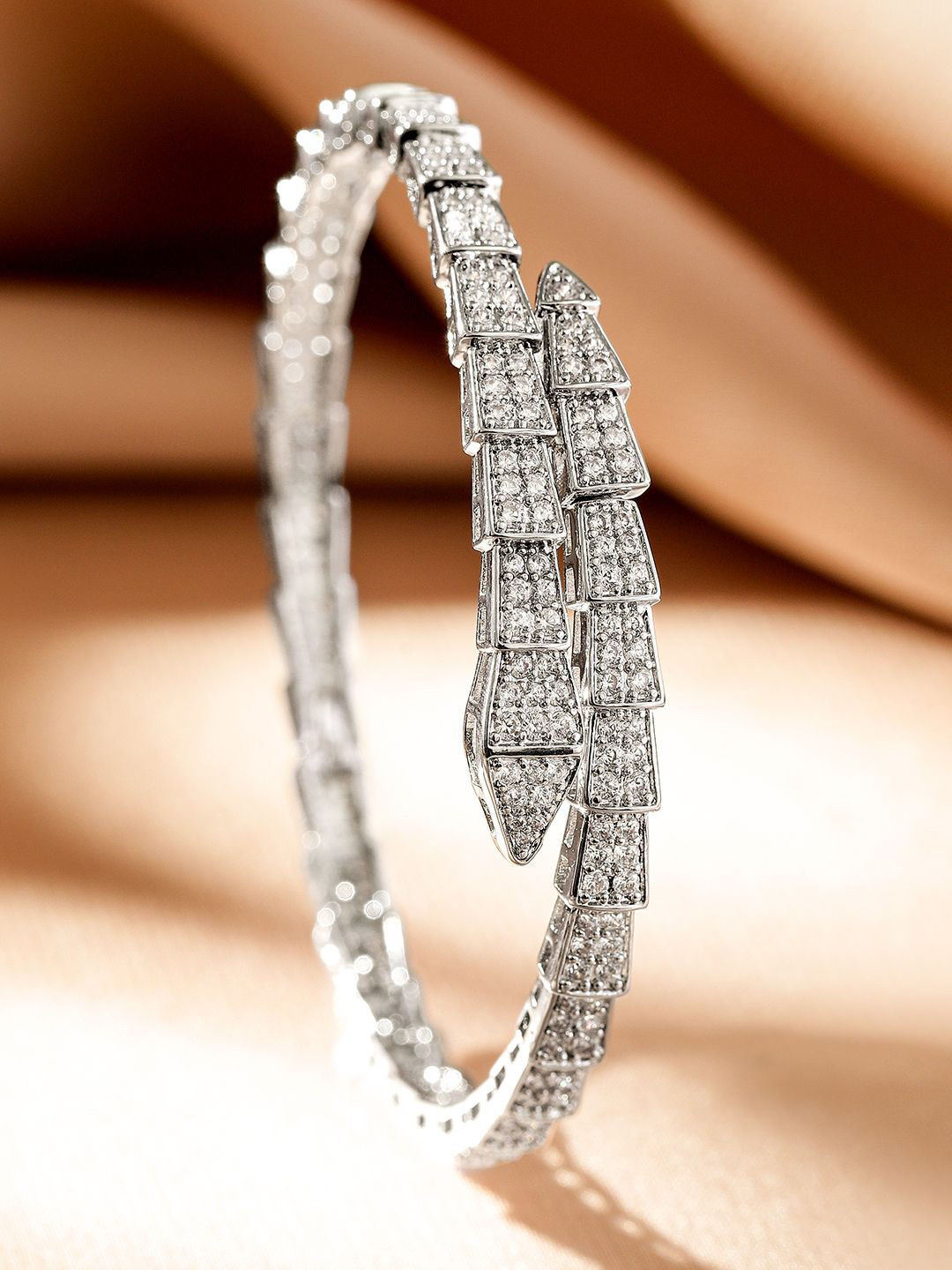 

Rubans Rhodium Plated Double Layer Snake Design Openable Bracelet with Cubic Zirconia, Silver