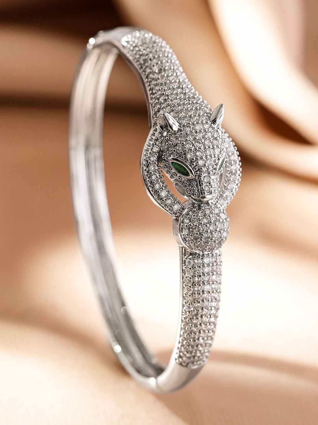 

Rubans Rhodium Plated Panther Design Bracelet with Emerald & Cubic Zirconia, Silver