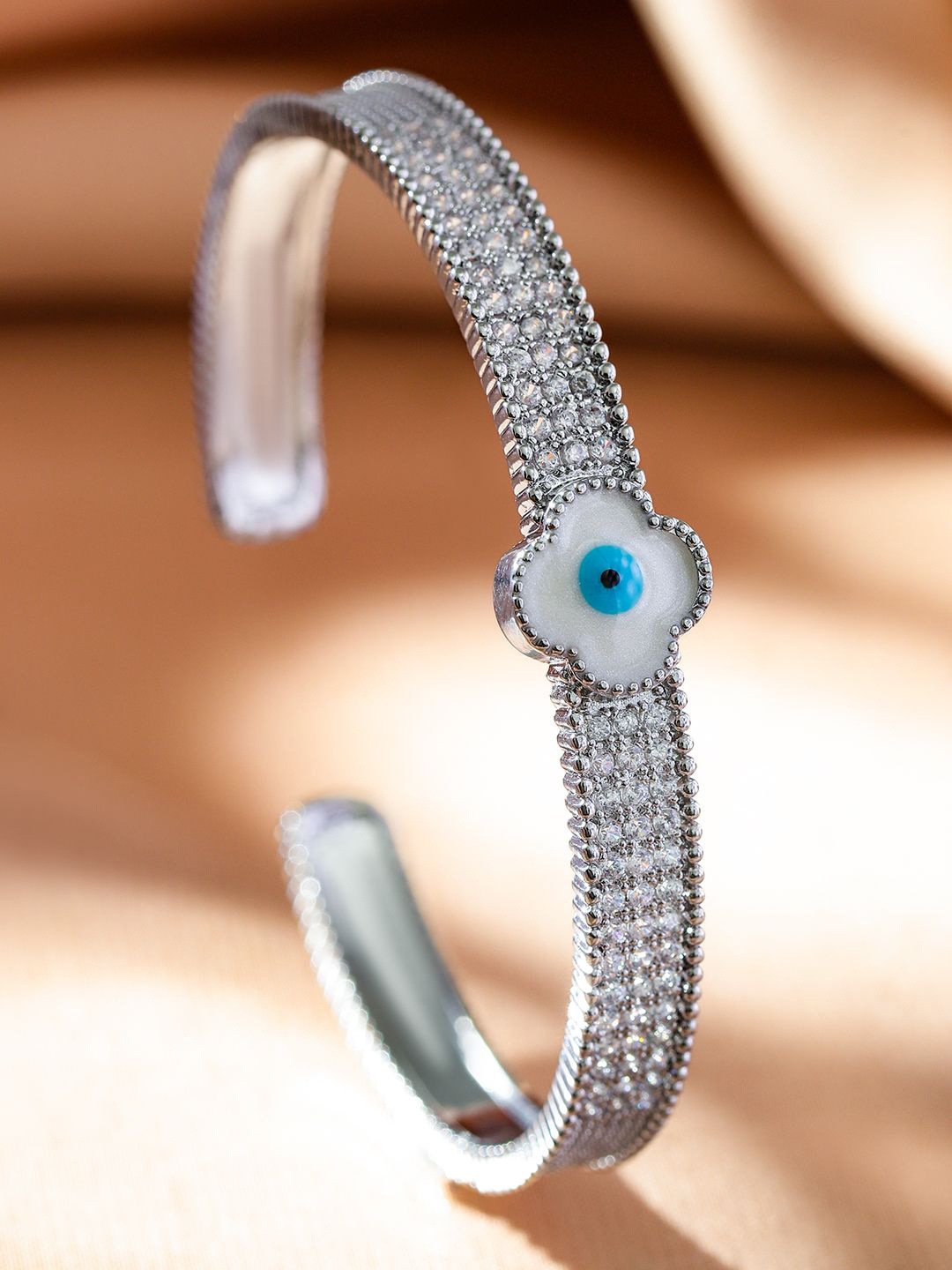 

Rubans Rhodium Plated Evil Eye Cuff Bracelet with Cubic Zirconia Detailing, Silver