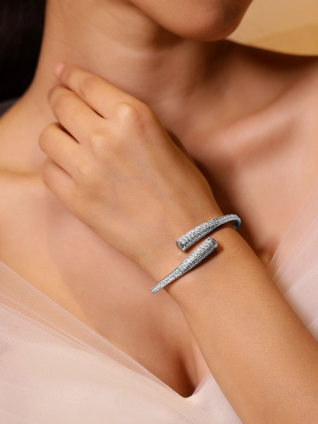

Rubans Voguish Rhodium Plated Open Cuff Bracelet with Cubic Zirconia Detailing, Silver