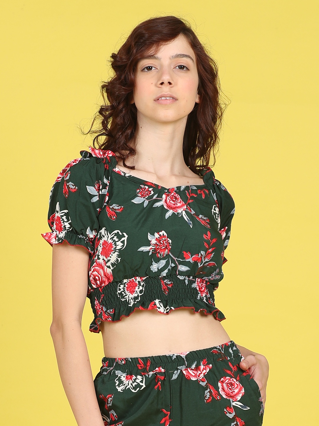 

Cutiekins Girls Floral Printed Puff Sleeve Crop Cinched Waist Top, Green
