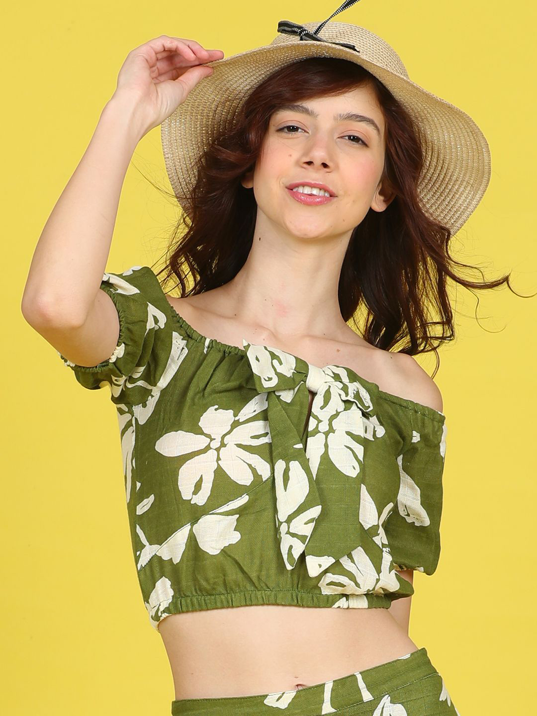 

Cutiekins Girls Floral Print Off-Shoulder Cotton Bardot Crop Top, Green
