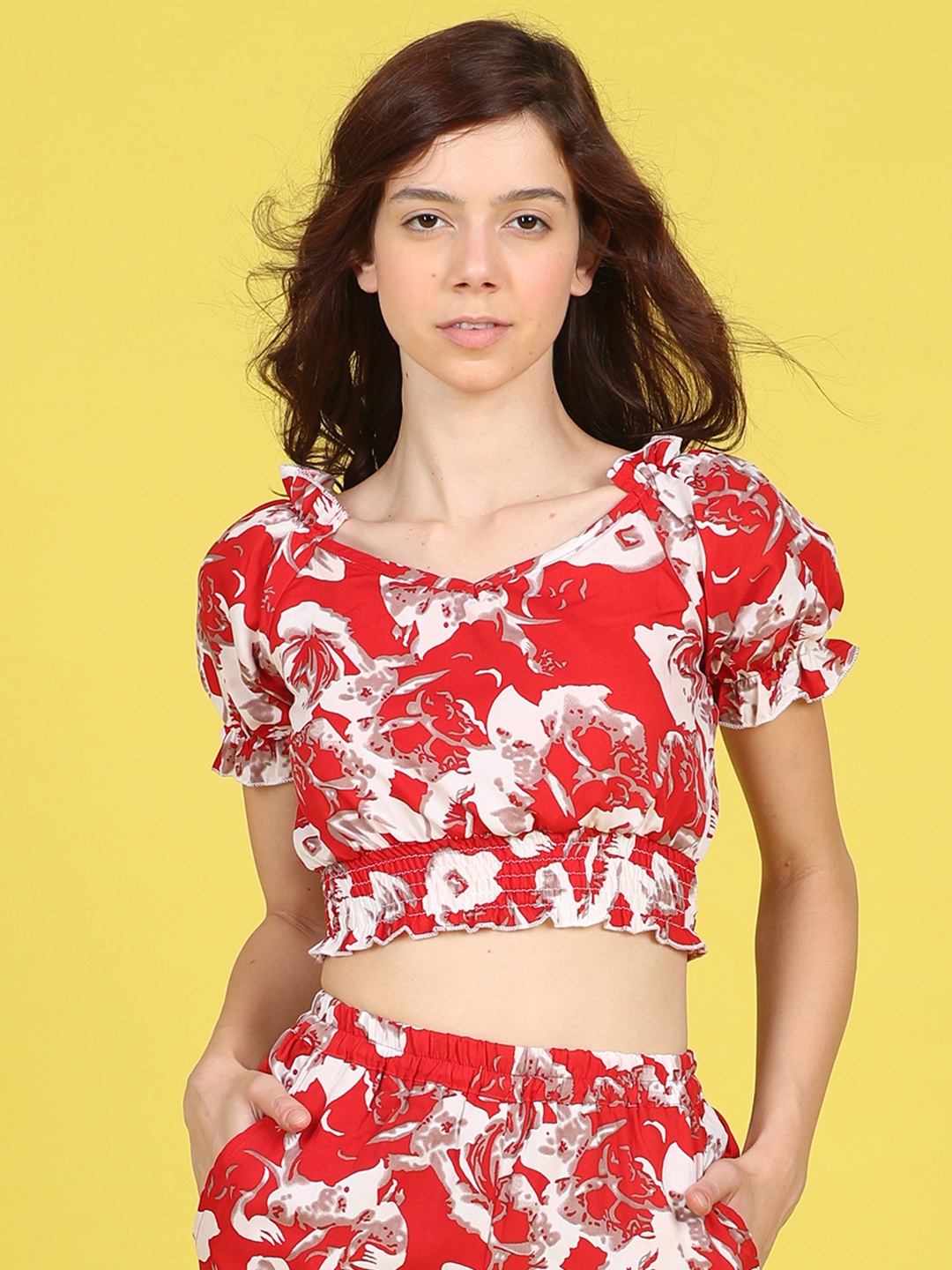 

Cutiekins Floral Print Puff Sleeve Crop Top, Red