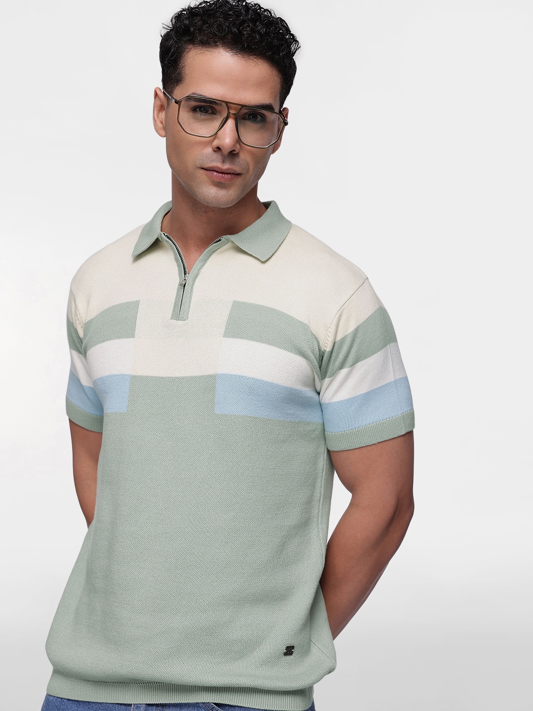 

French Connection Men Colourblocked Polo Collar Pure Cotton Bio Finish T-shirt, Sea green