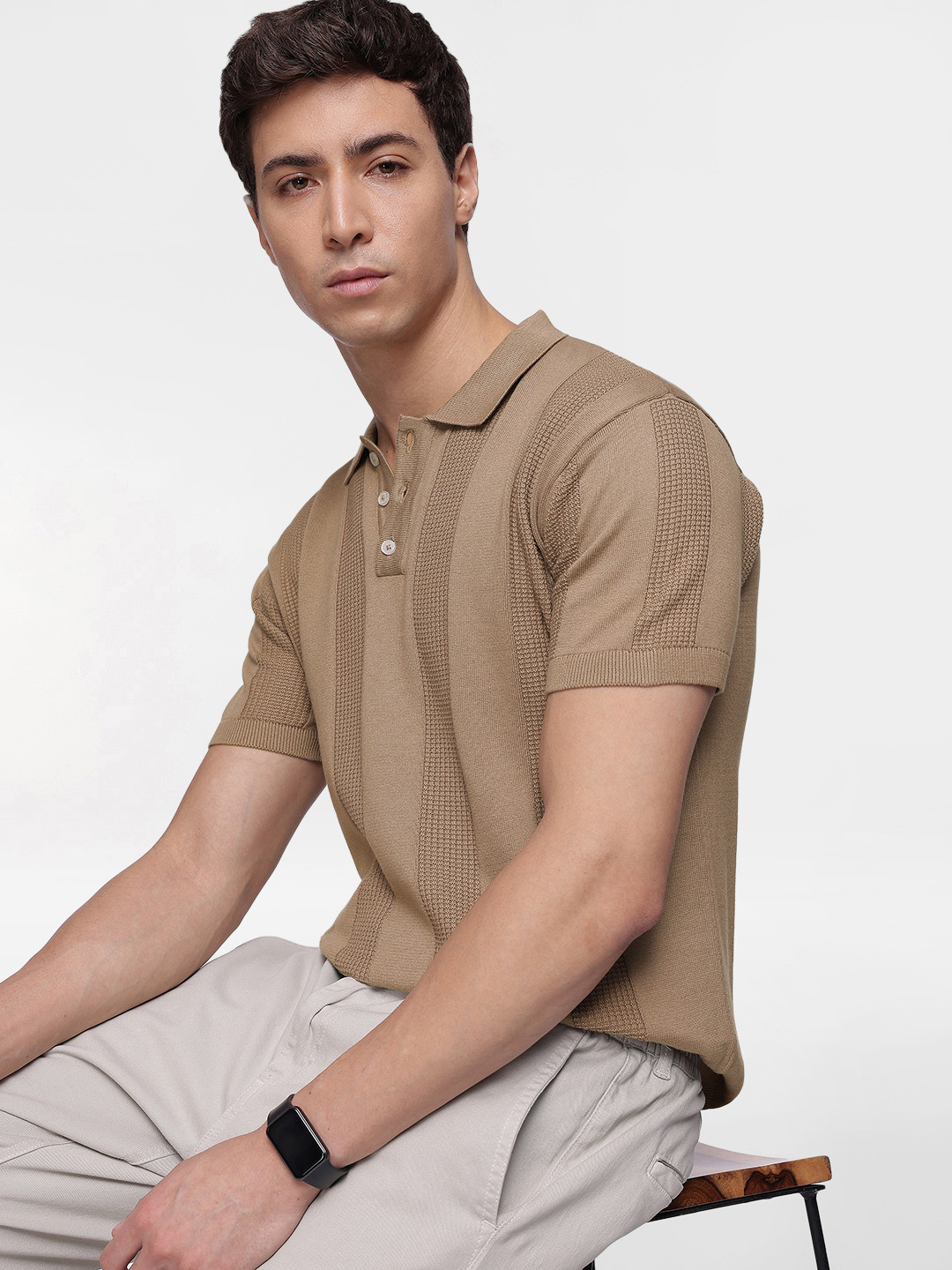 

French Connection Men Textured Flat Knit Polo Tshirt, Brown