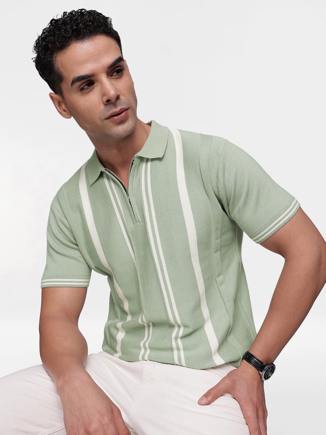 

French Connection Men Vertical Striped Flat Knit Polo Tshirt, Sea green
