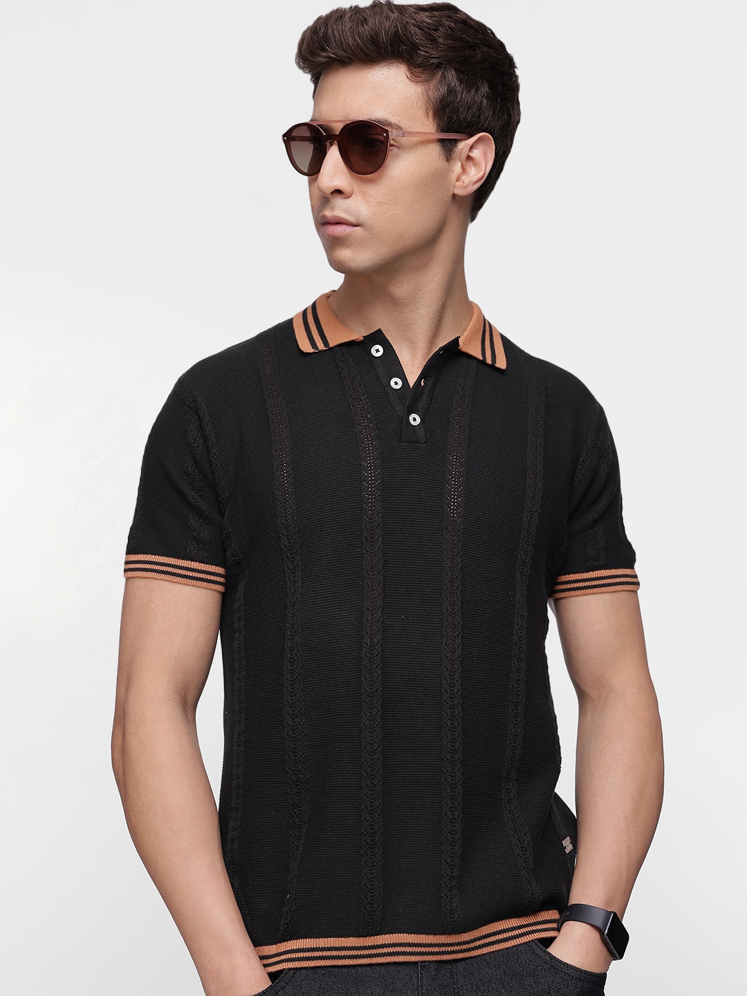 

French Connection Men Polo Collar Pure Cotton Bio Finish T-shirt, Black