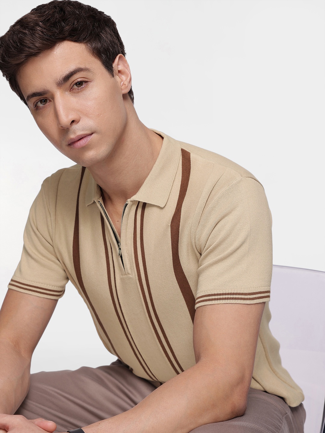 

French Connection Men Striped Polo Collar Pure Cotton Bio Finish T-shirt, Beige