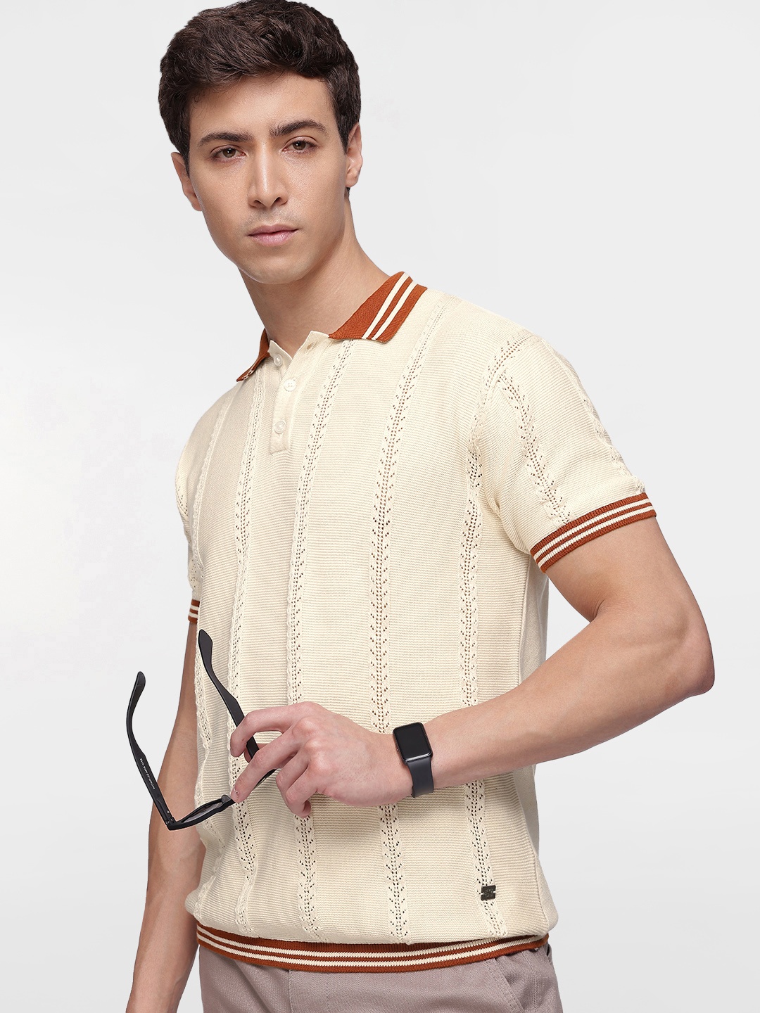 

French Connection Men Textured Flat Knit Contrast Collar Polo Tshirt, Cream