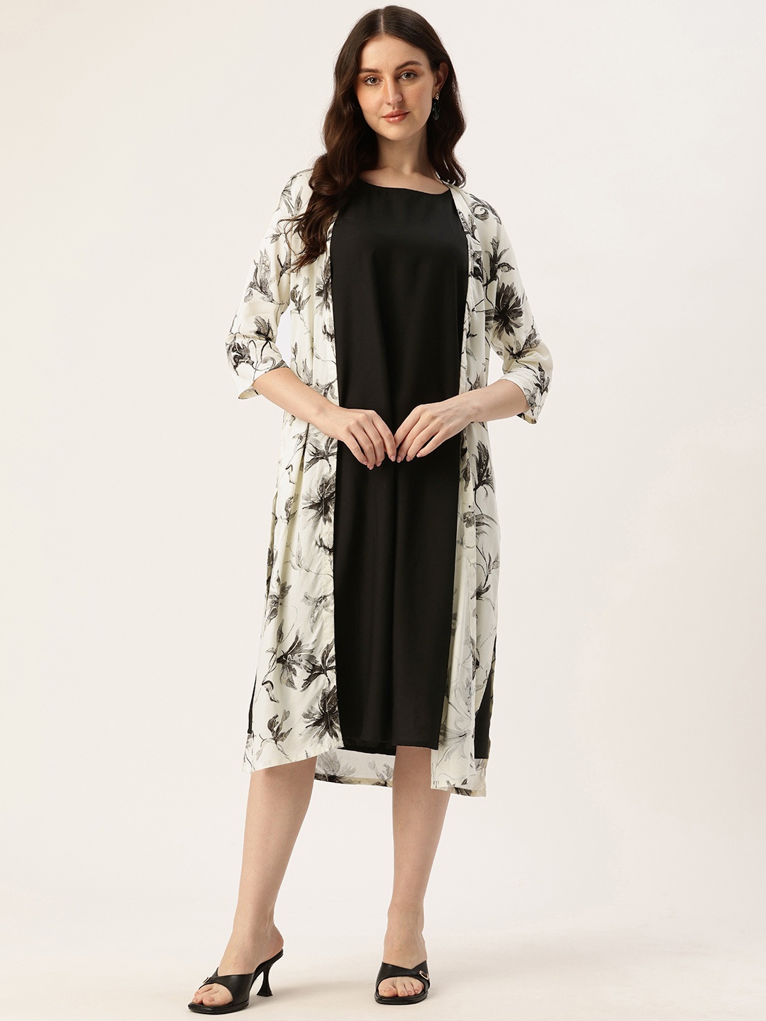 

AMUKTI Solid Shift Midi Dress with Floral Printed Shrug, Black