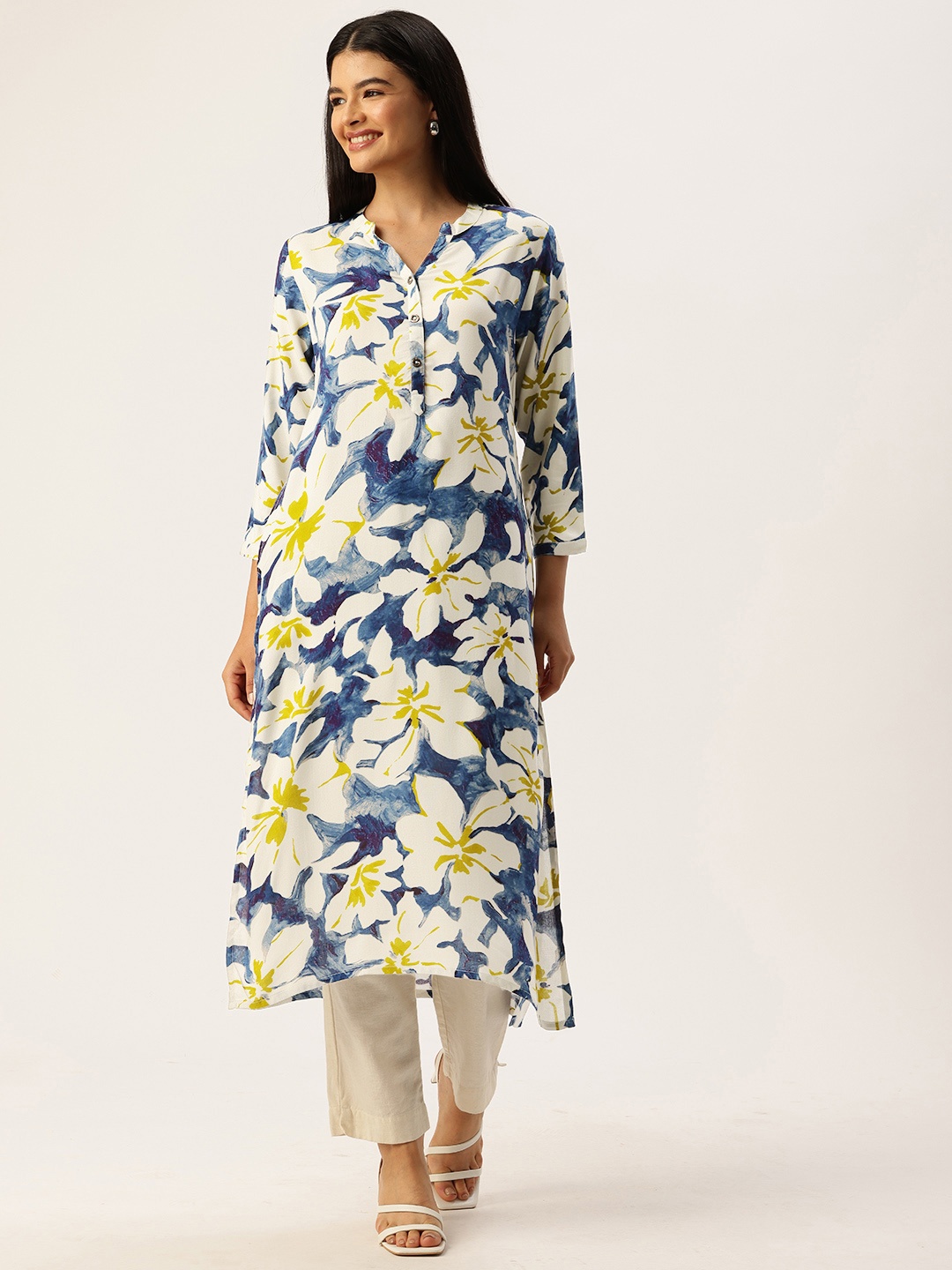 

AMUKTI Floral Printed Mandarin Collar Kurta, Blue