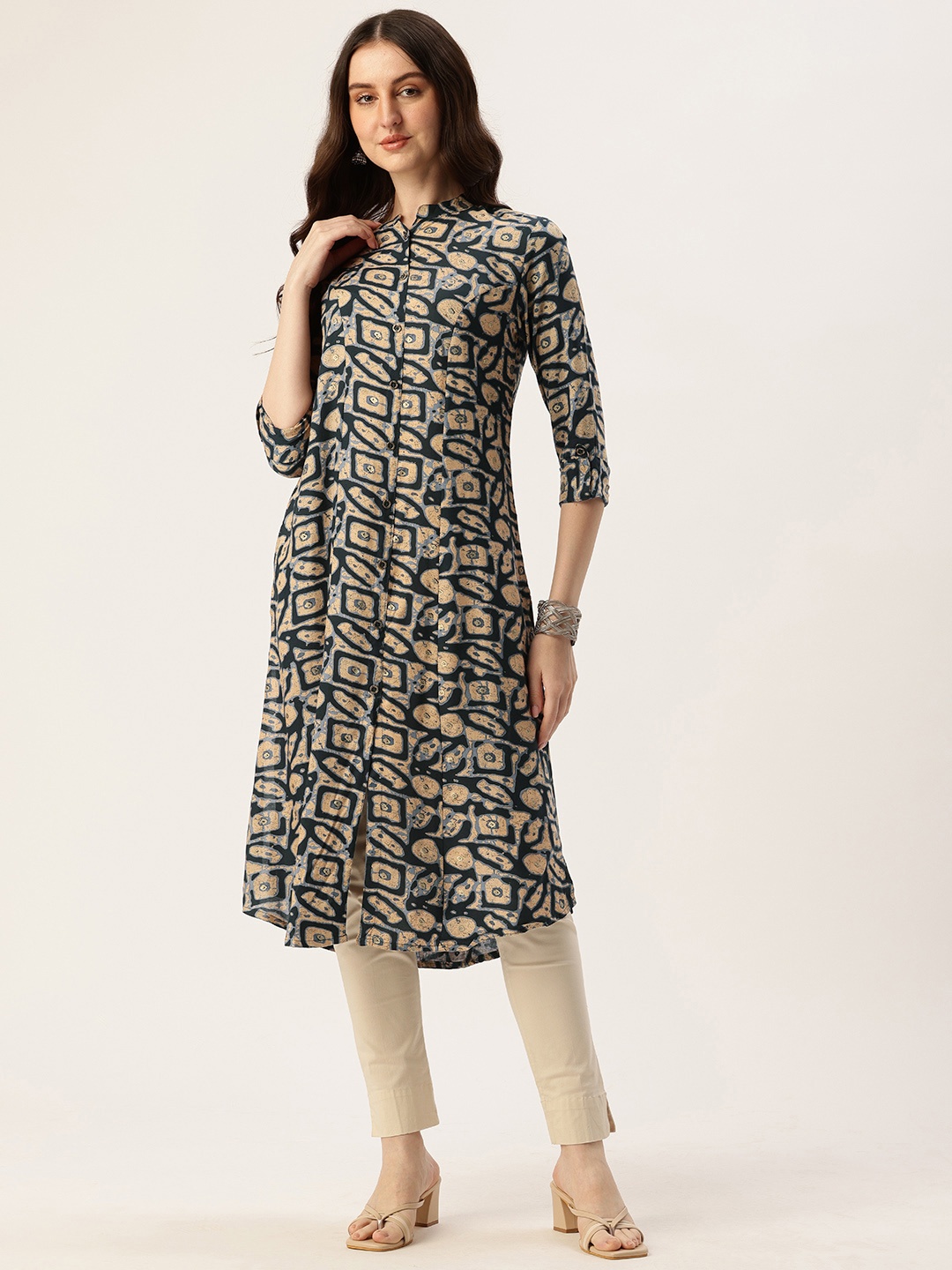 

AMUKTI Printed Mandarin Collar Kurta, Navy blue