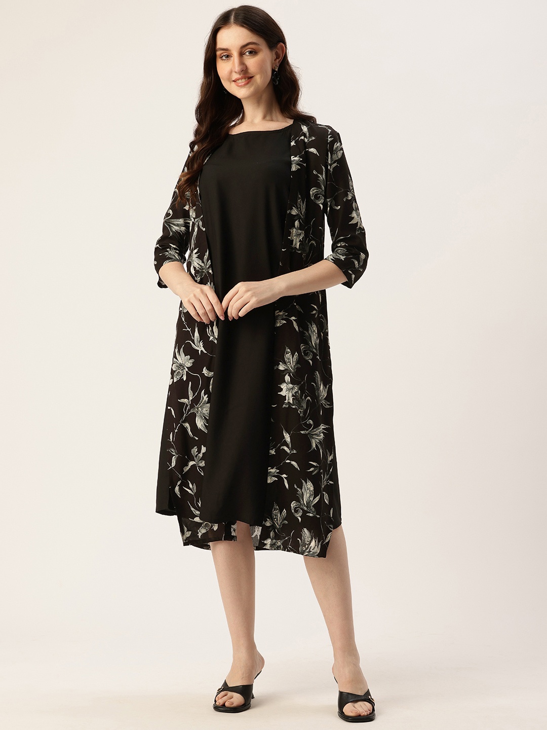 

AMUKTI Solid Shift Midi Dress with Floral Printed Shrug, Black
