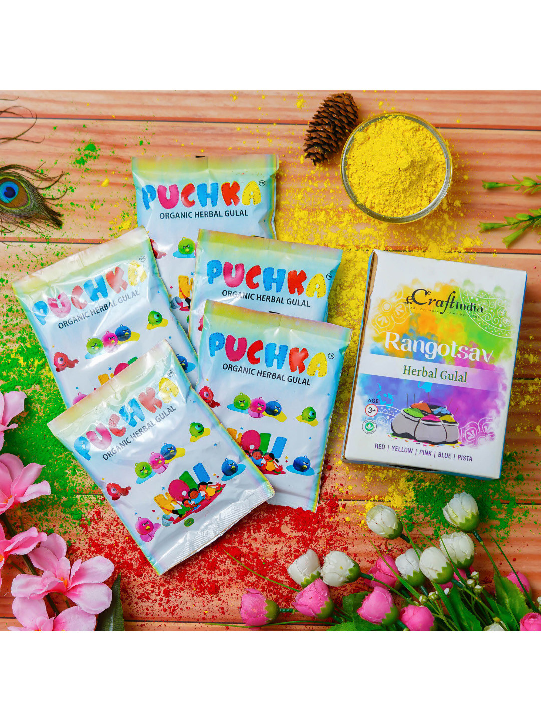 

eCraftIndia Pack of 5 Organic Herbal Gulal Holi Colours - 80g, Yellow