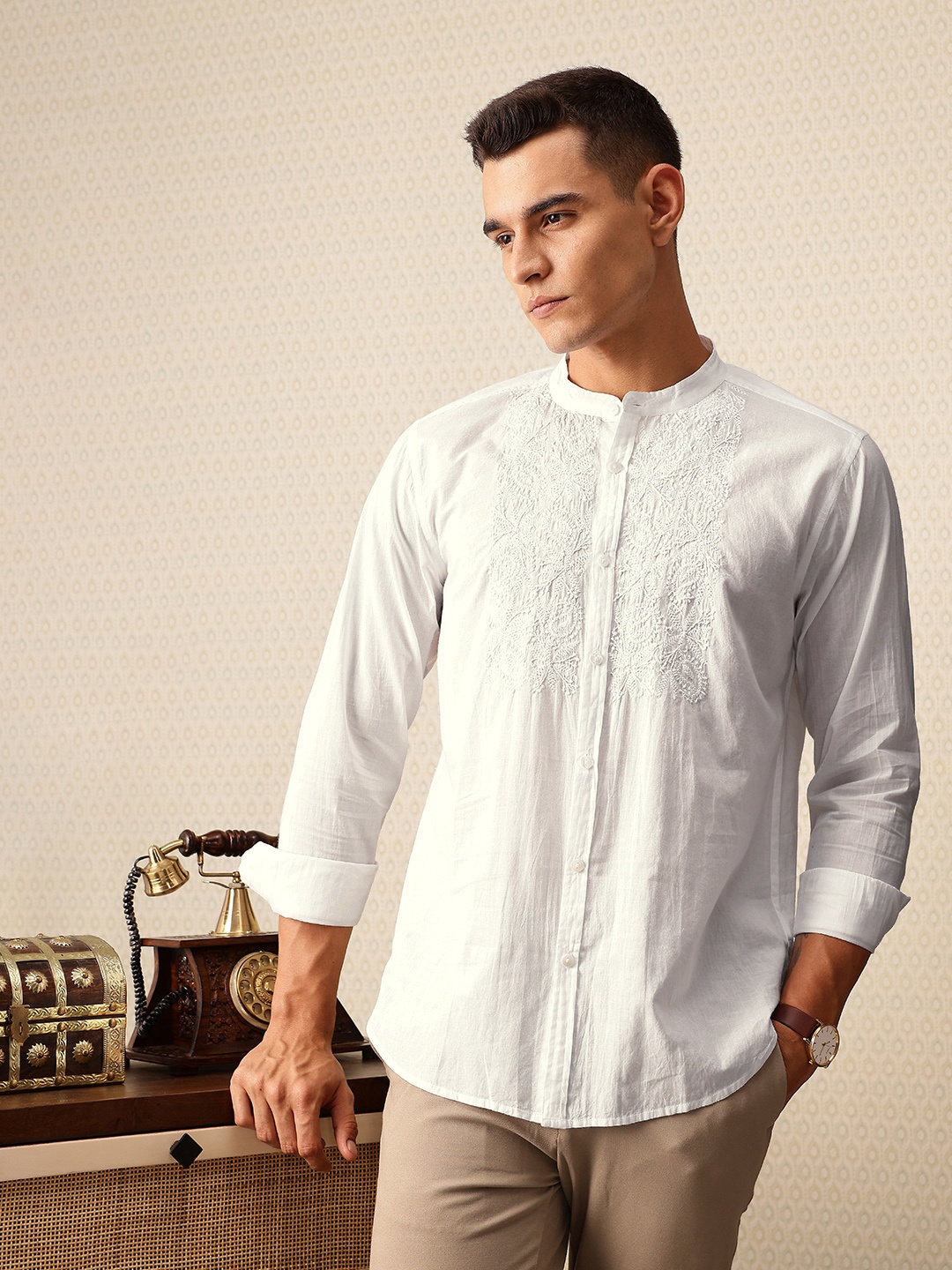 

House of Pataudi Embroidered Band Collar Pure Cotton Jashn Shirt, White