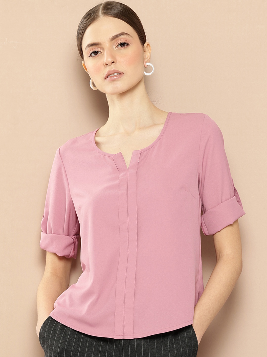 

her by invictus Solid Roll-Up Sleeves Top with Pleat Detail, Pink