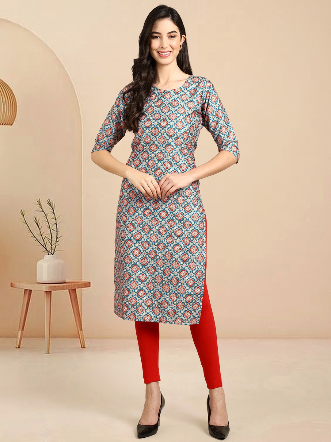 

Moda Rapido Ethnic Motifs Printed Round Neck Straight Kurta, Blue