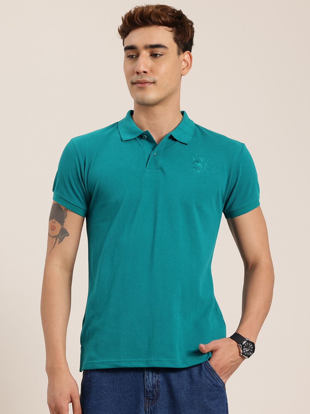 

HERE&NOW Men Polo Collar T-shirt, Teal
