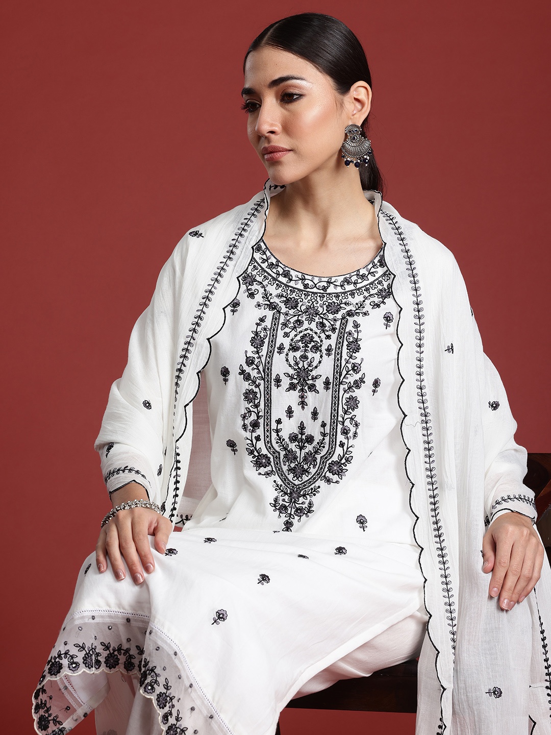 

Indo Era Floral Embroidered Thread Work Pure Cotton Kurta with Trousers & With Dupatta, White