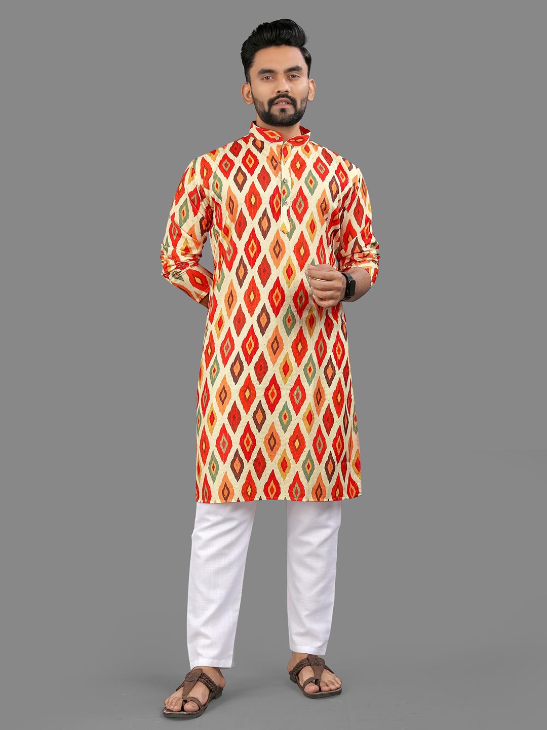 

allan peter Men Floral Printed Kurta, Orange