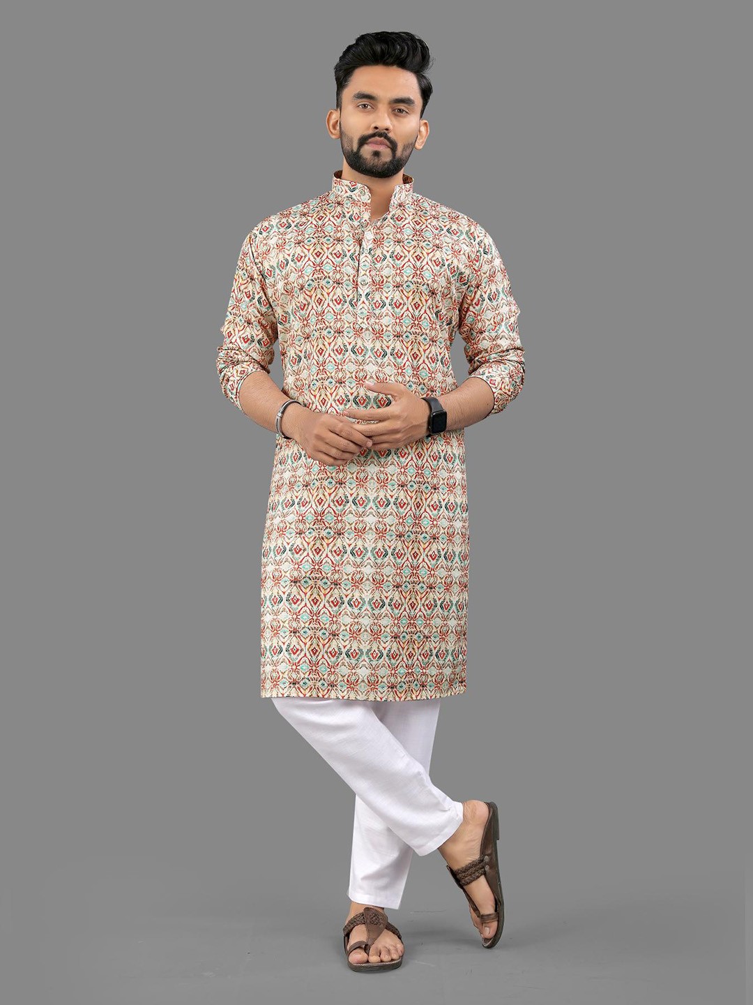 

allan peter Men Floral Printed Kurta, Beige