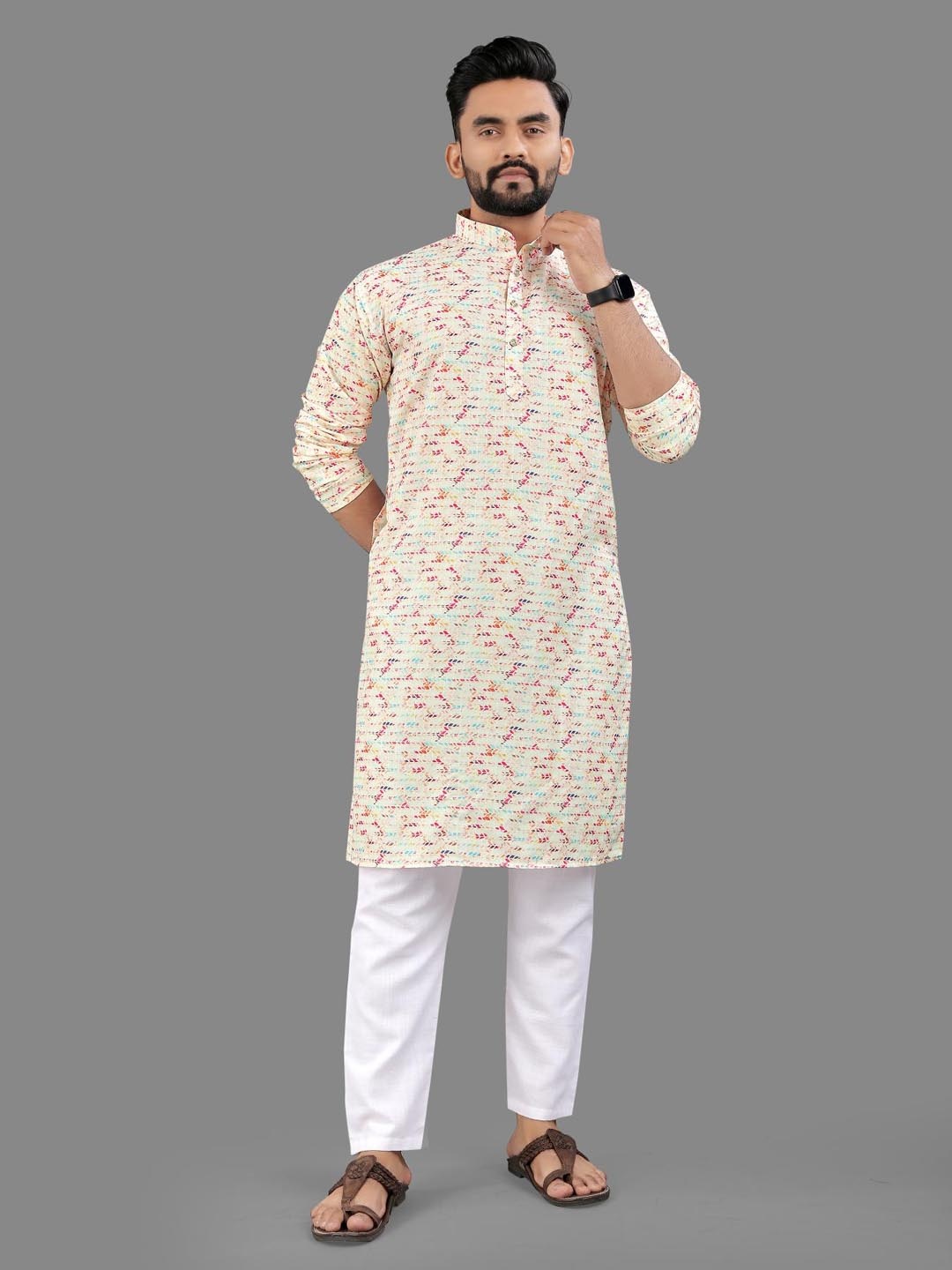 

allan peter Men Floral Printed Kurta, Cream