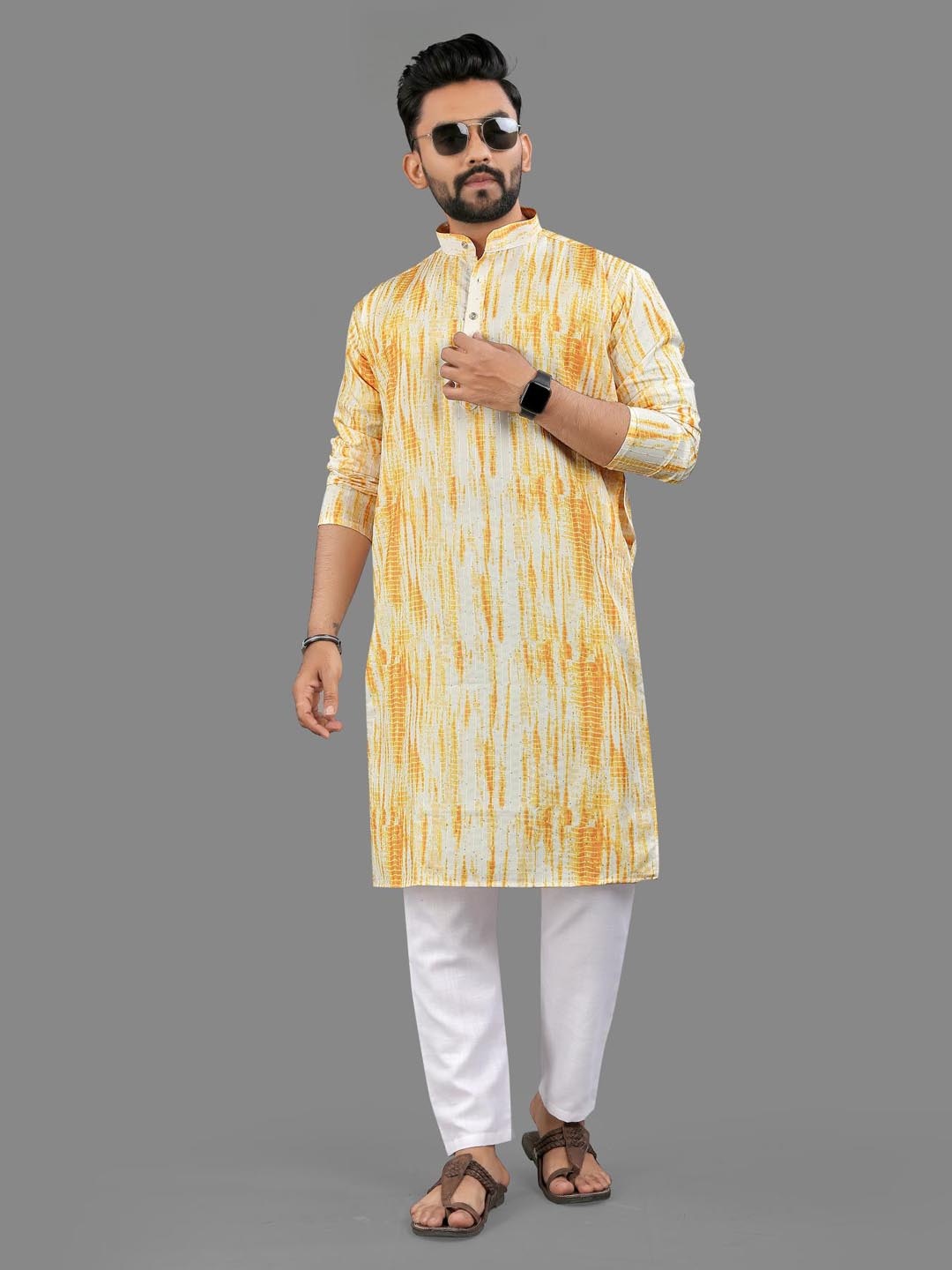 

allan peter Men Floral Printed Kurta, Yellow