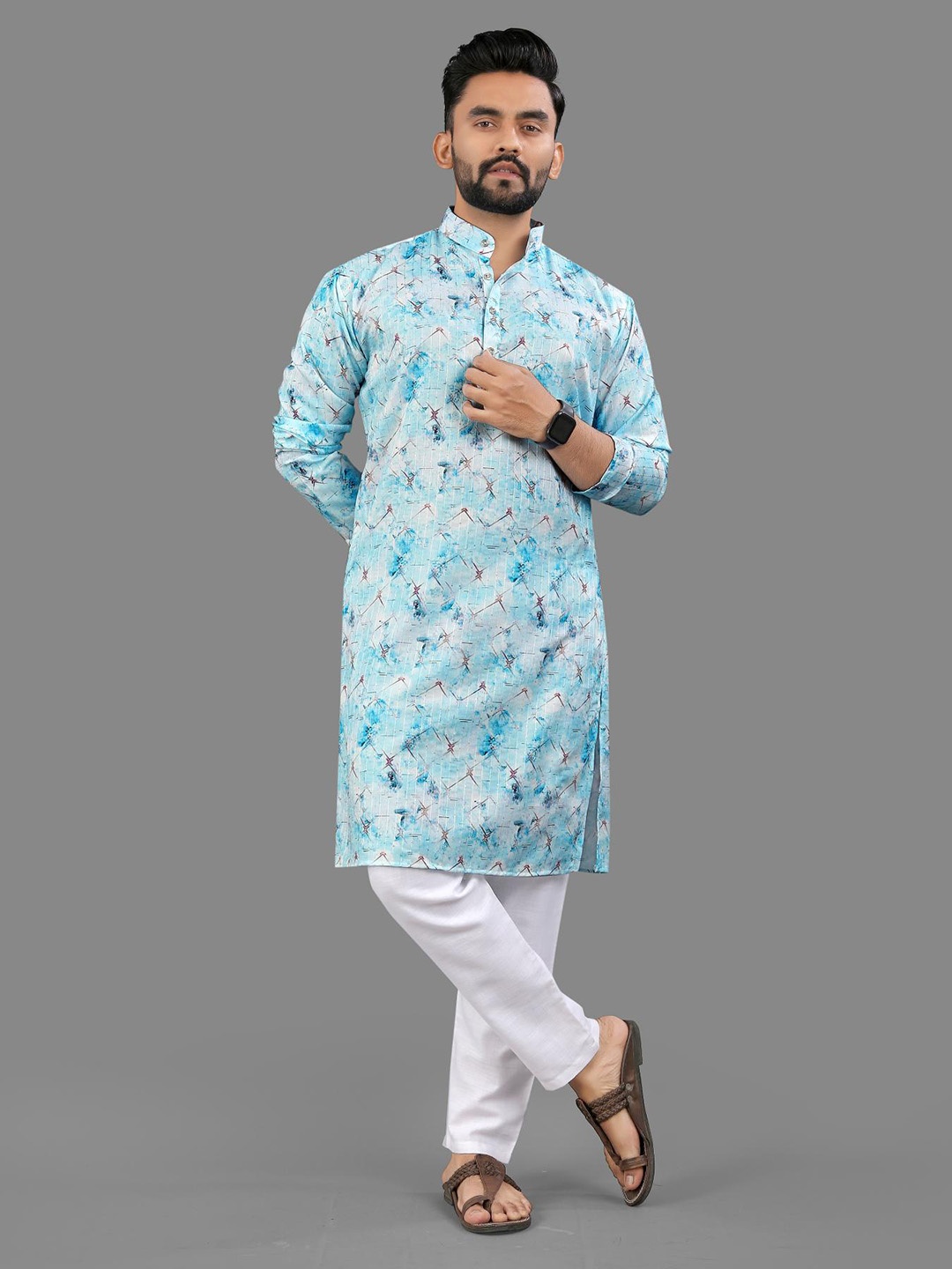 

allan peter Men Floral Printed Kurta, Blue