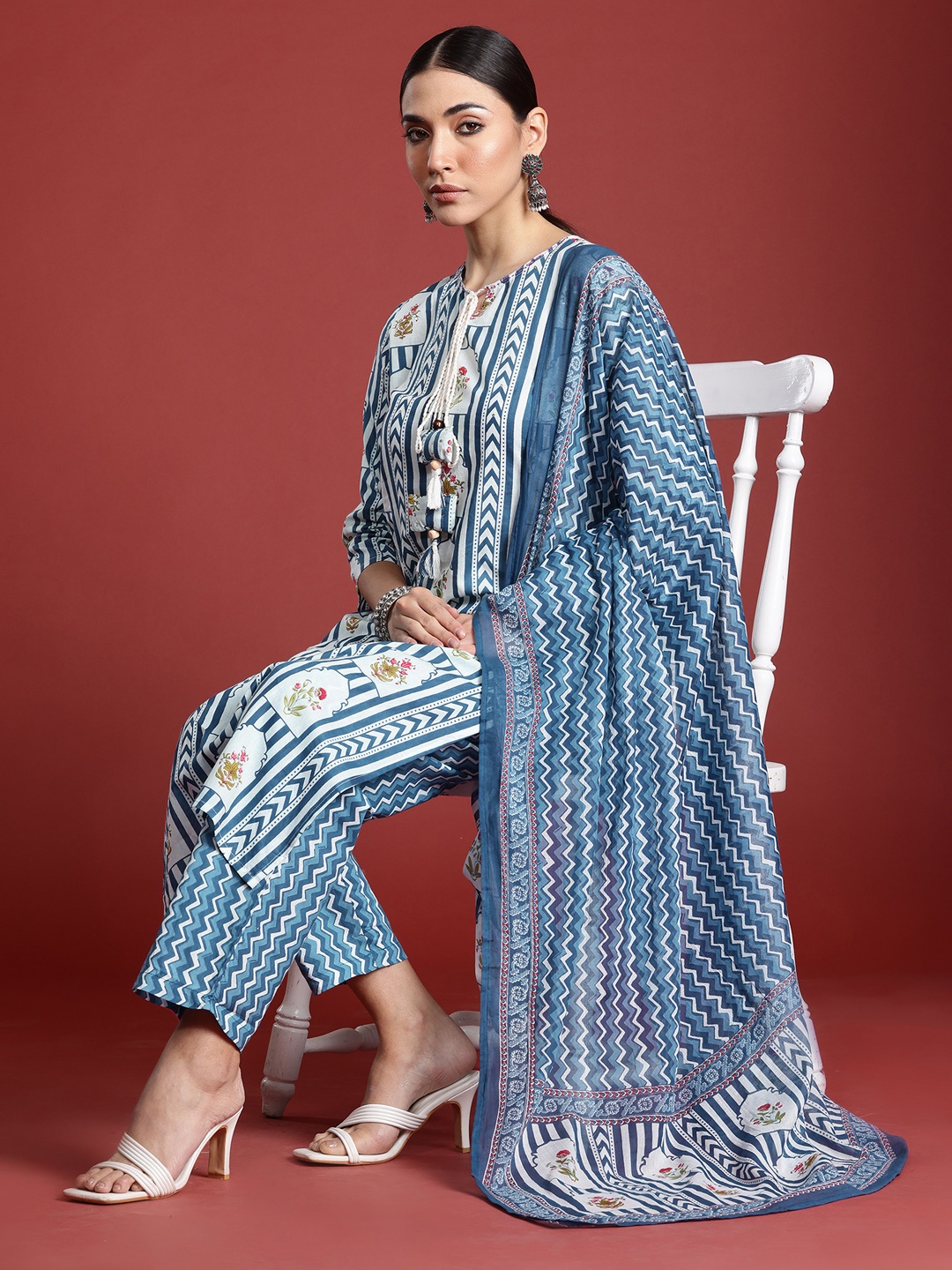 

Indo Era Ethnic Motifs Printed Sequinned Pure Cotton Kurta with Trousers & With Dupatta, Blue