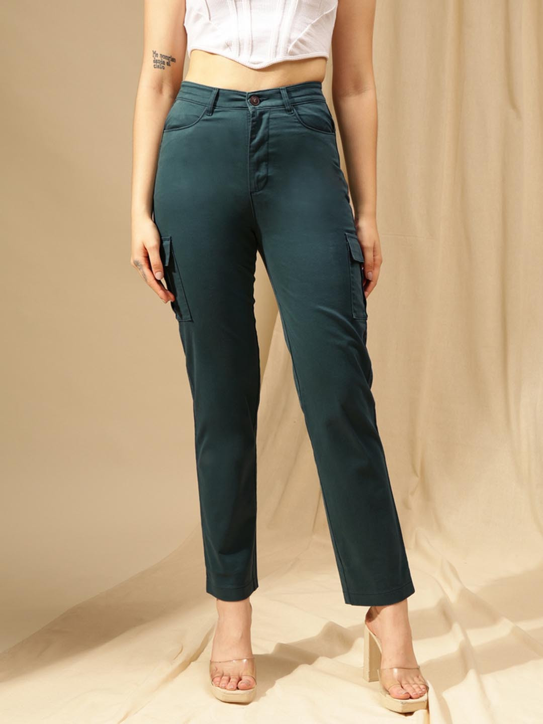 

Xpose Women Comfort Straight Fit High-Rise Easy Wash Cargos Trousers, Navy blue
