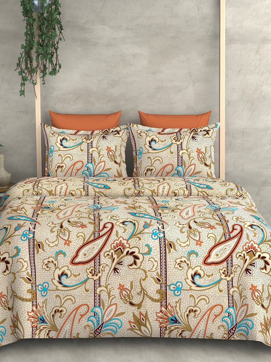 Cortina Glazed Cotton Brown Paisley 140 TC King Bedsheet with 2 Pillow Covers