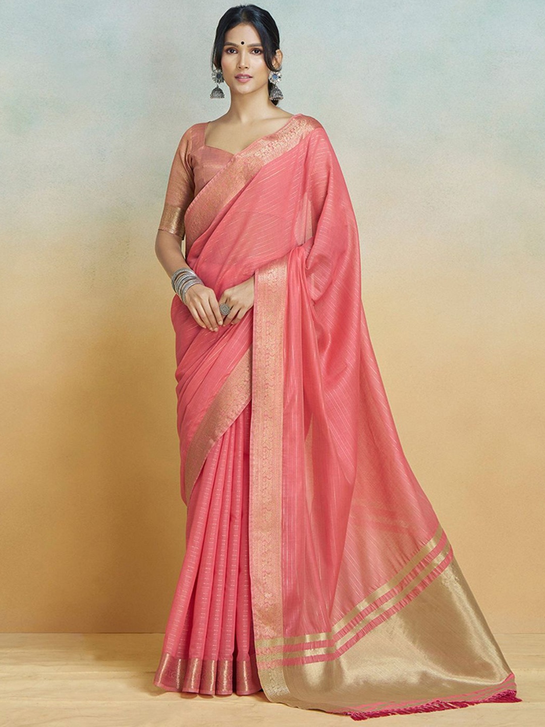 

KALINI Striped Zari Banarasi Saree, Peach