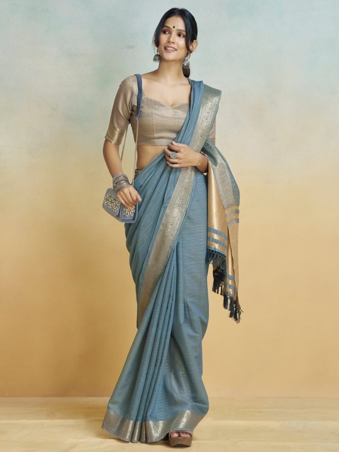 

KALINI Striped Zari Banarasi Saree, Grey