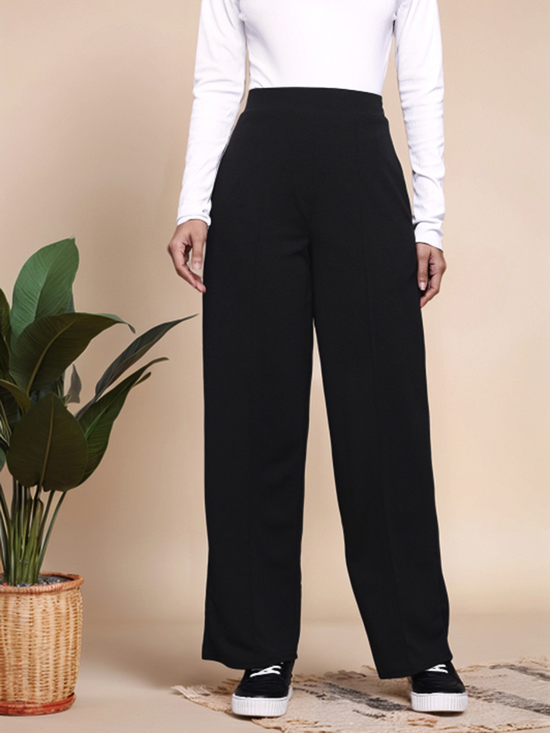 

Mast & Harbour Women Smart High-Rise Wrinkle Free Trousers, Black