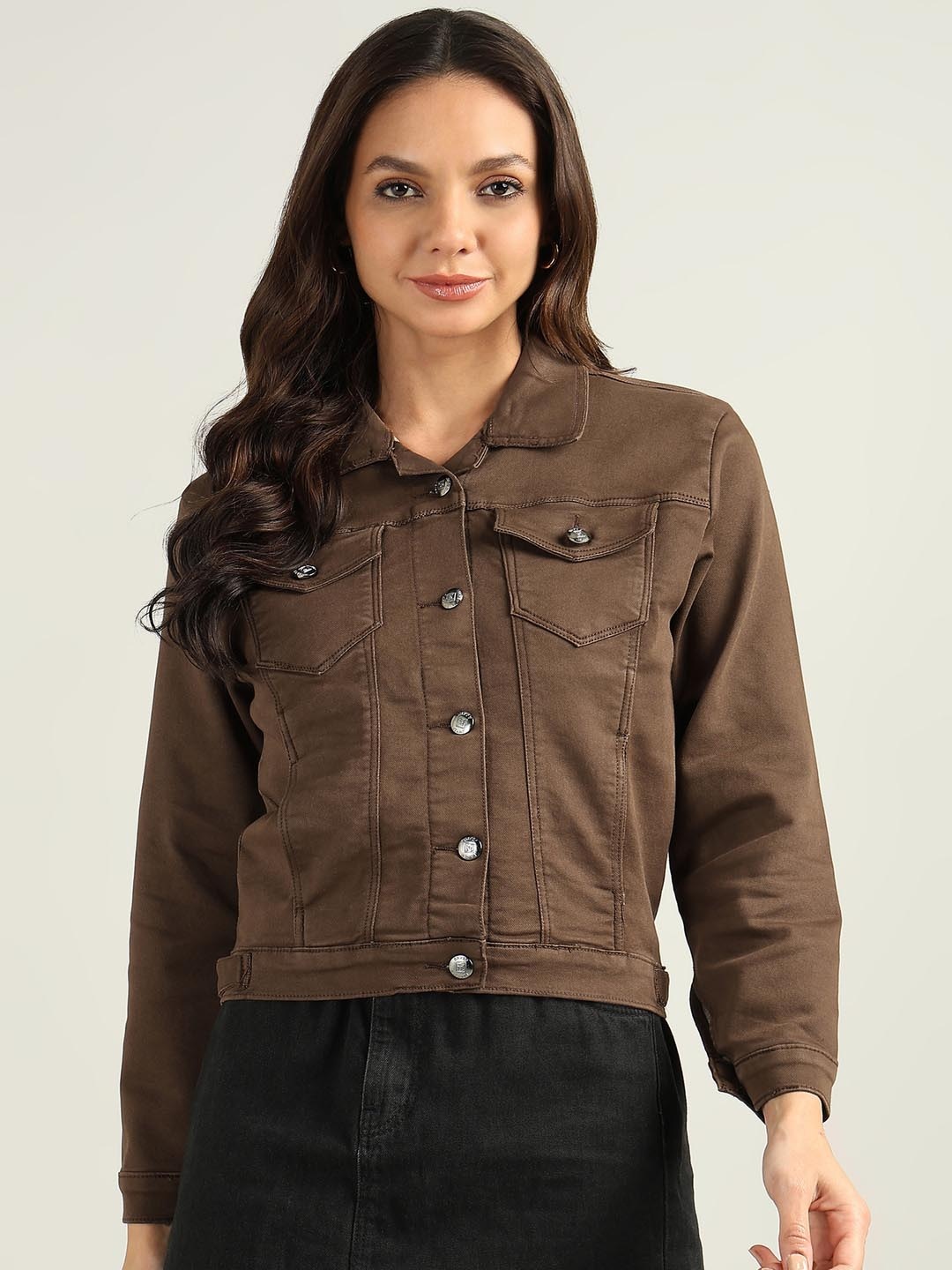 

Nifty Women Crop Denim Jacket, Brown