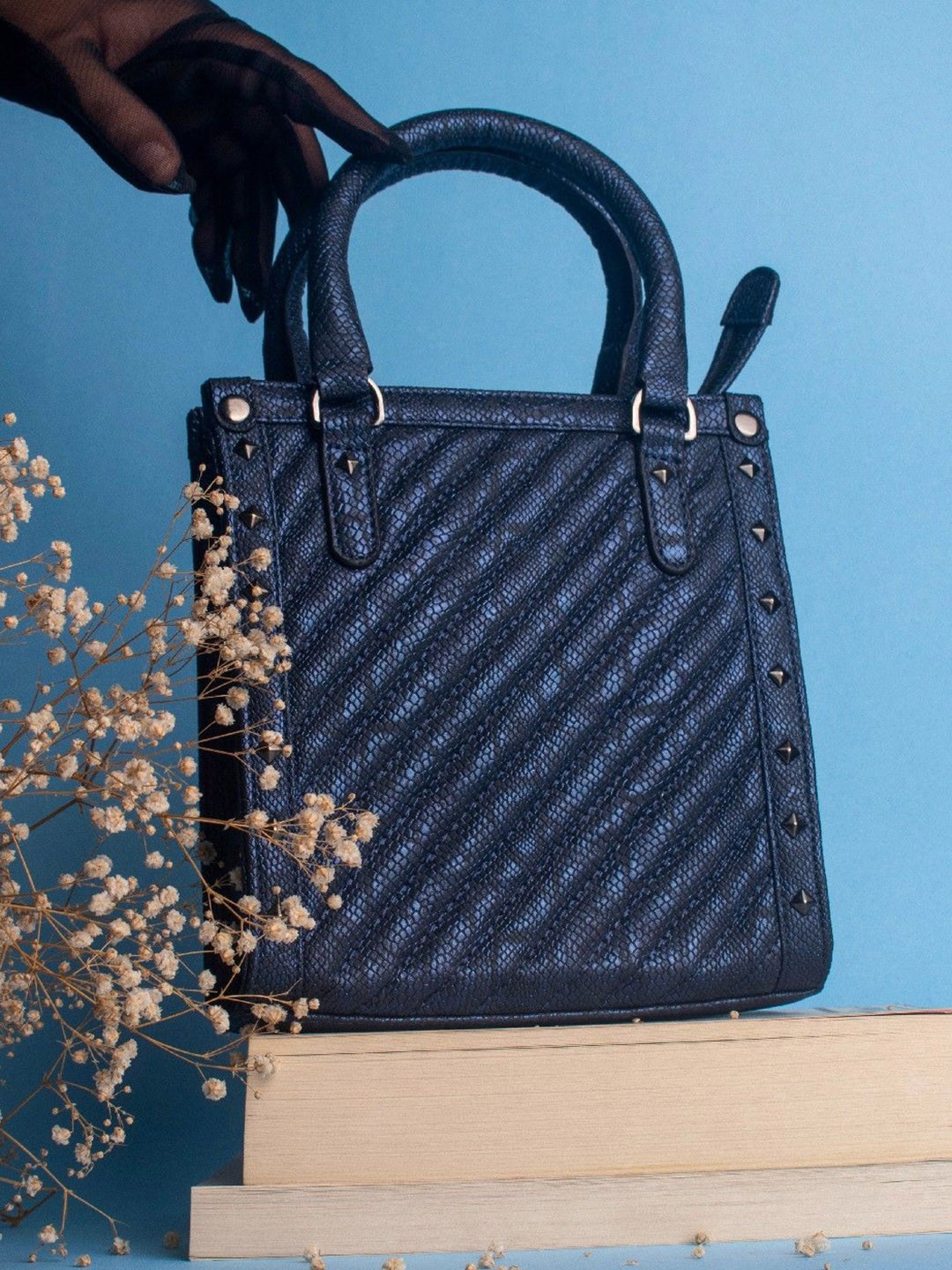 

Suave Bags Textured Serpenti Sling Synthetic Leather Bucket Handheld Bag, Navy blue