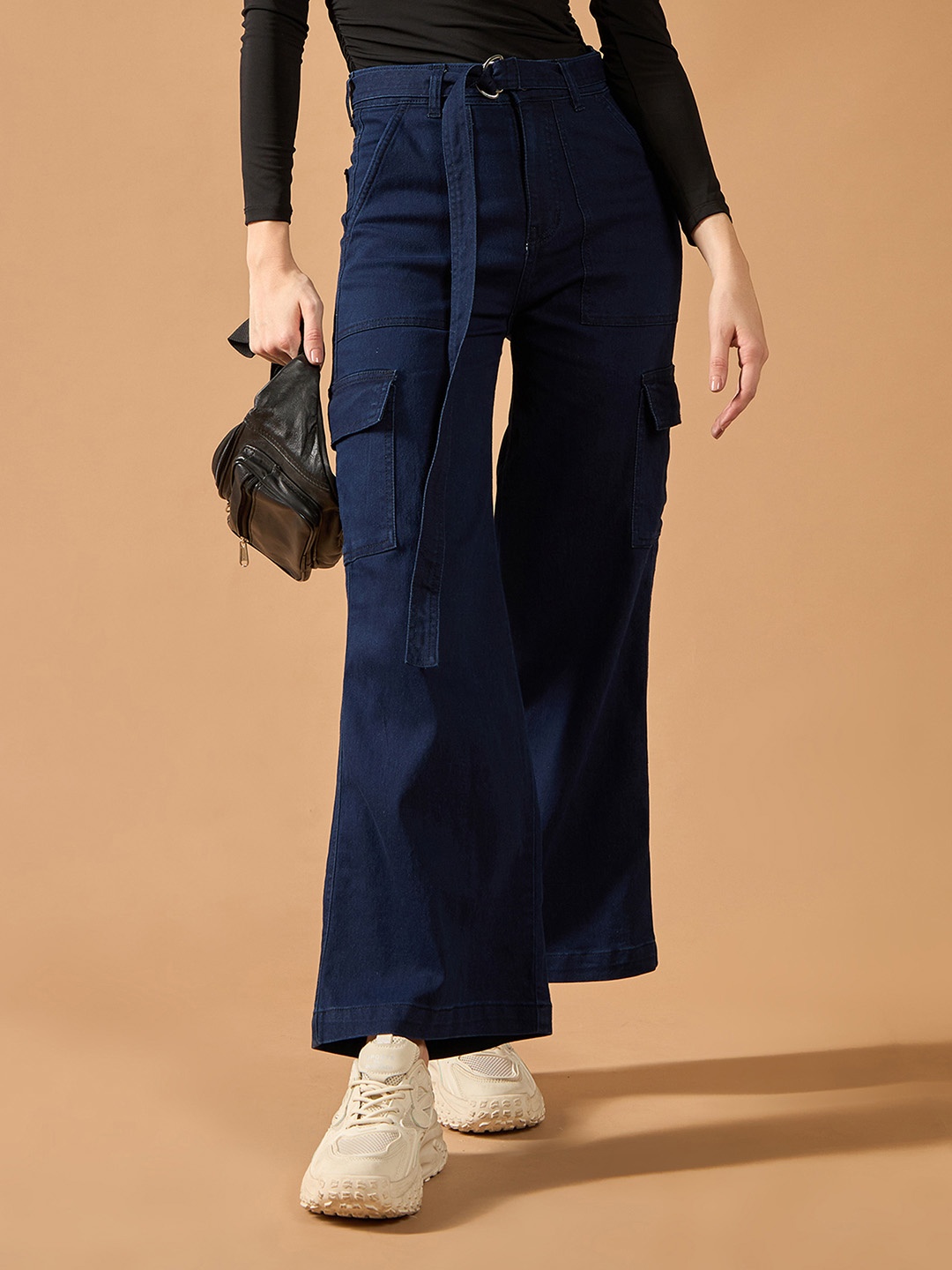 

DOLCE CRUDO Women Cherry Spark Wide Leg Cargo Jeans, Blue