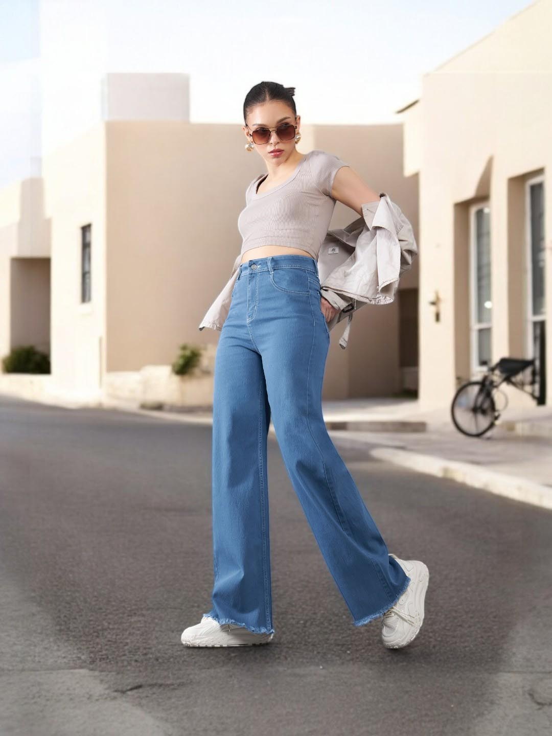 

DOLCE CRUDO Women Wide Leg High-Rise Stretchable Jeans, Blue