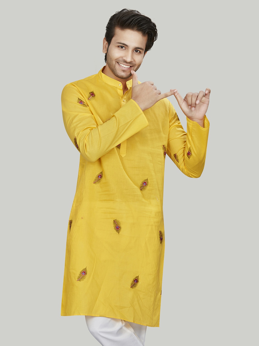 Authentics Men Embroidered Mirror Work Kurta, Yellow