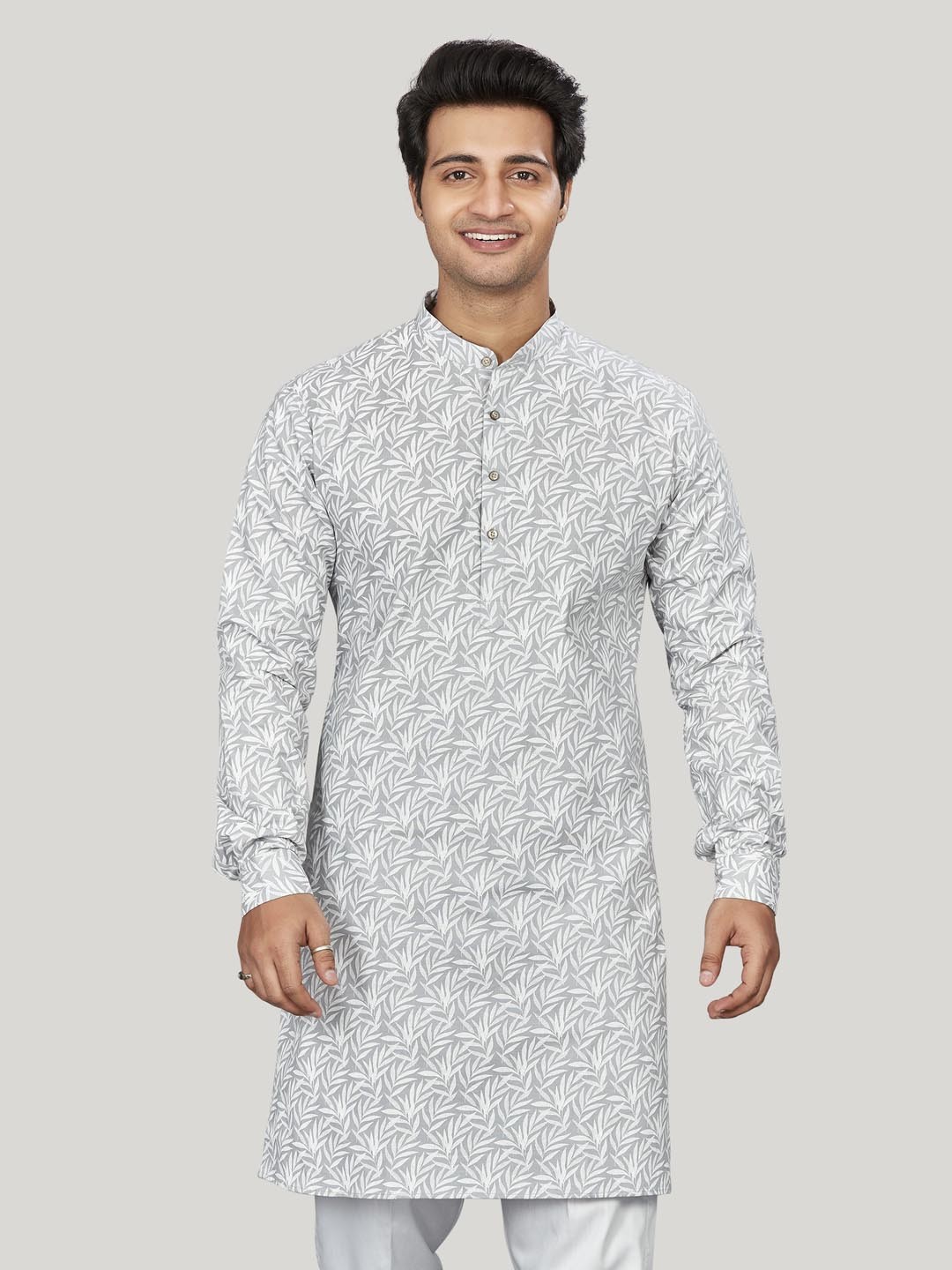 

Authentics Men Checked Thread Work Pathani Kurta, Grey