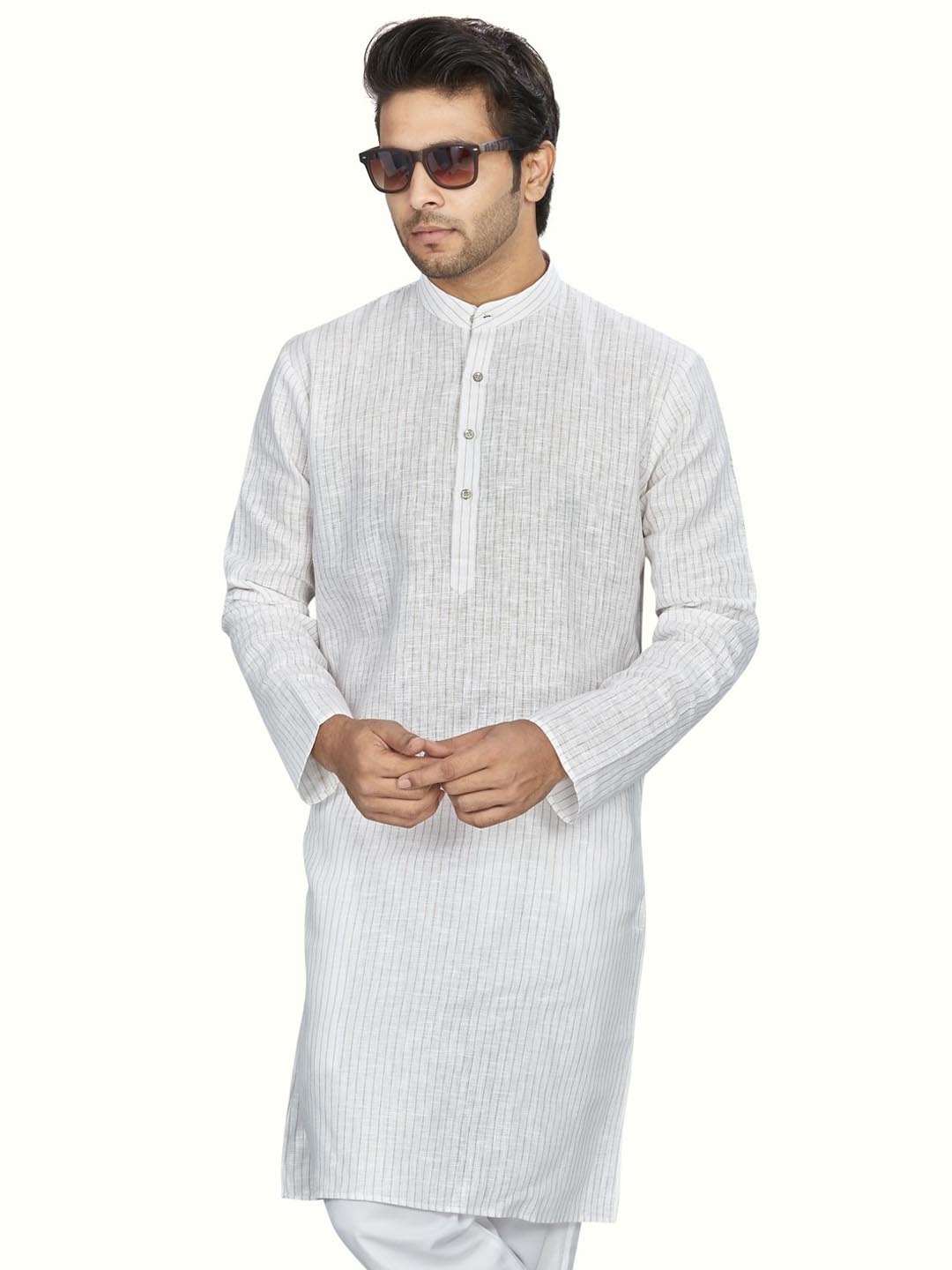 

Authentics Men Striped Thread Work Pathani Kurta, White