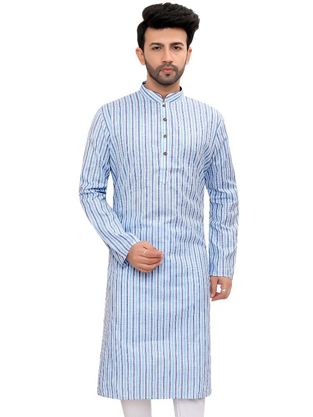 

Authentics Men Striped Thread Work Kurta, Blue