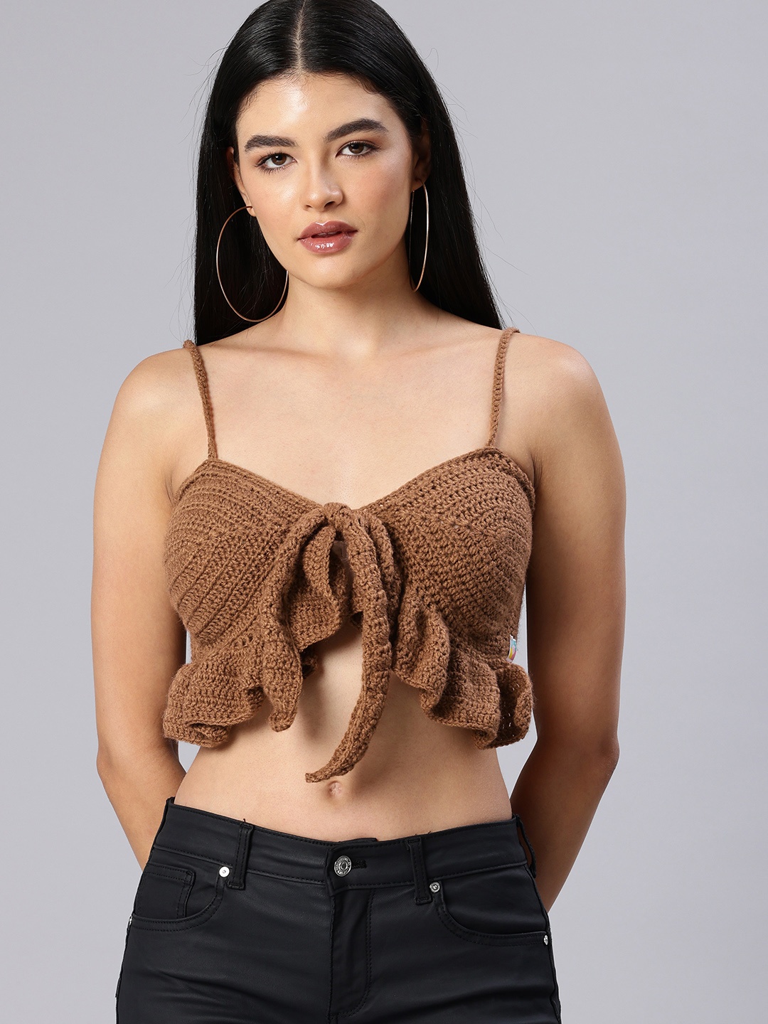 

Magic Needles Ruffles Crochet Peplum Crop Top, Brown