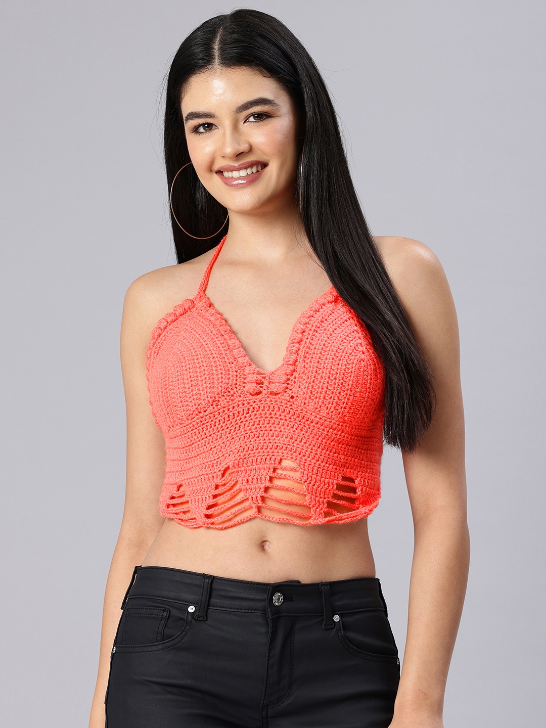 

Magic Needles Halter Neck Crochet Crop Top, Coral