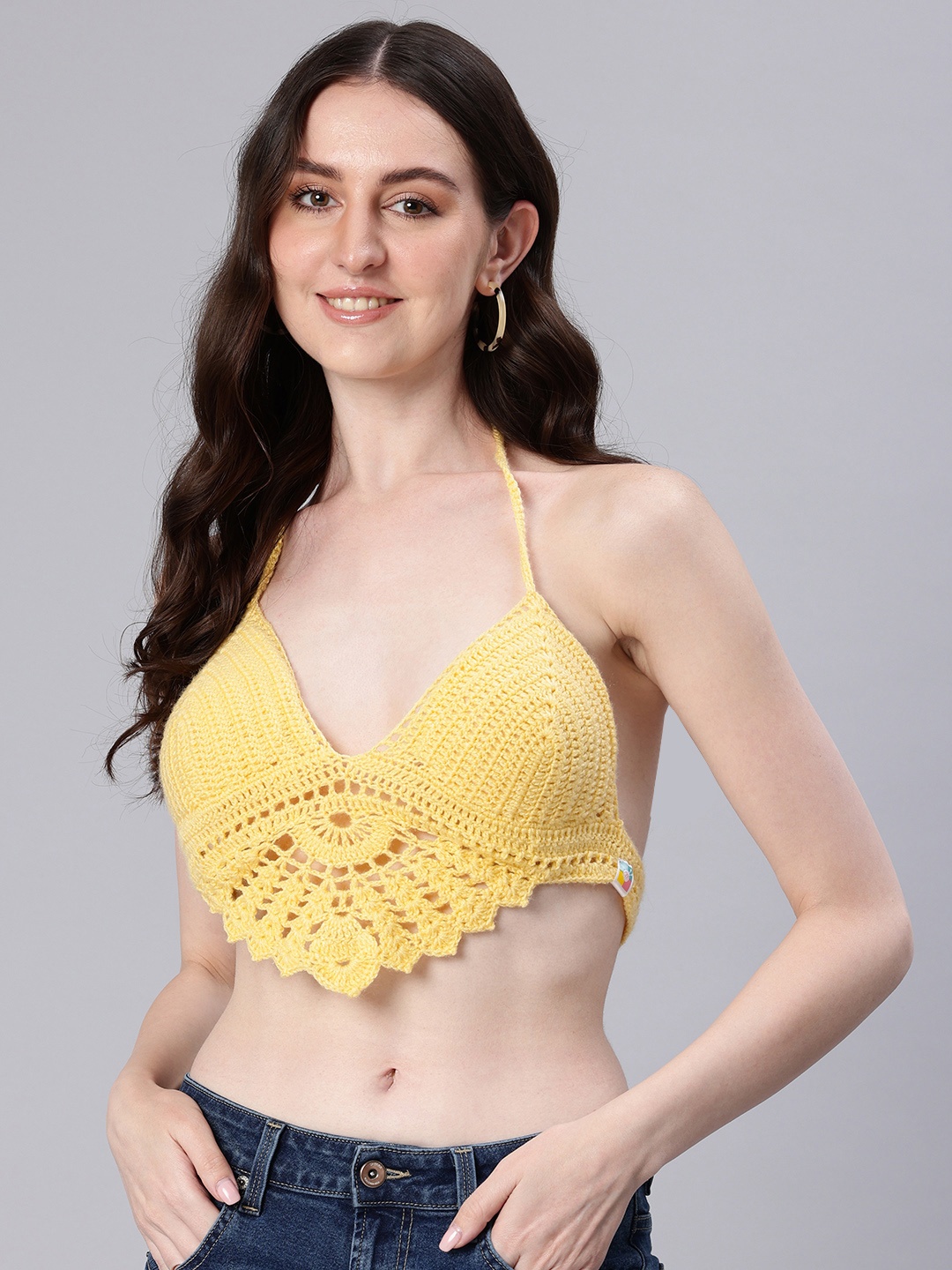 

Magic Needles Halter Neck Crochet Bralette Crop Top, Yellow