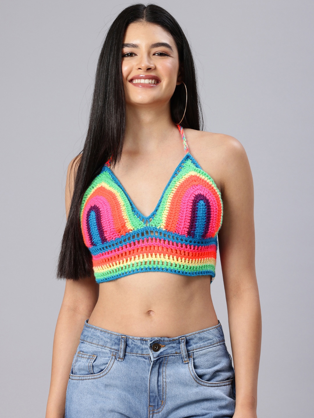 

Magic Needles Colourblocked Halter Neck Crochet Bralette Crop Top, Multi