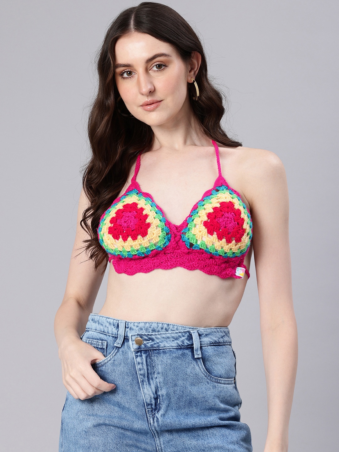 

Magic Needles Colourblocked Halter Neck Crochet Bralette Top, Multi