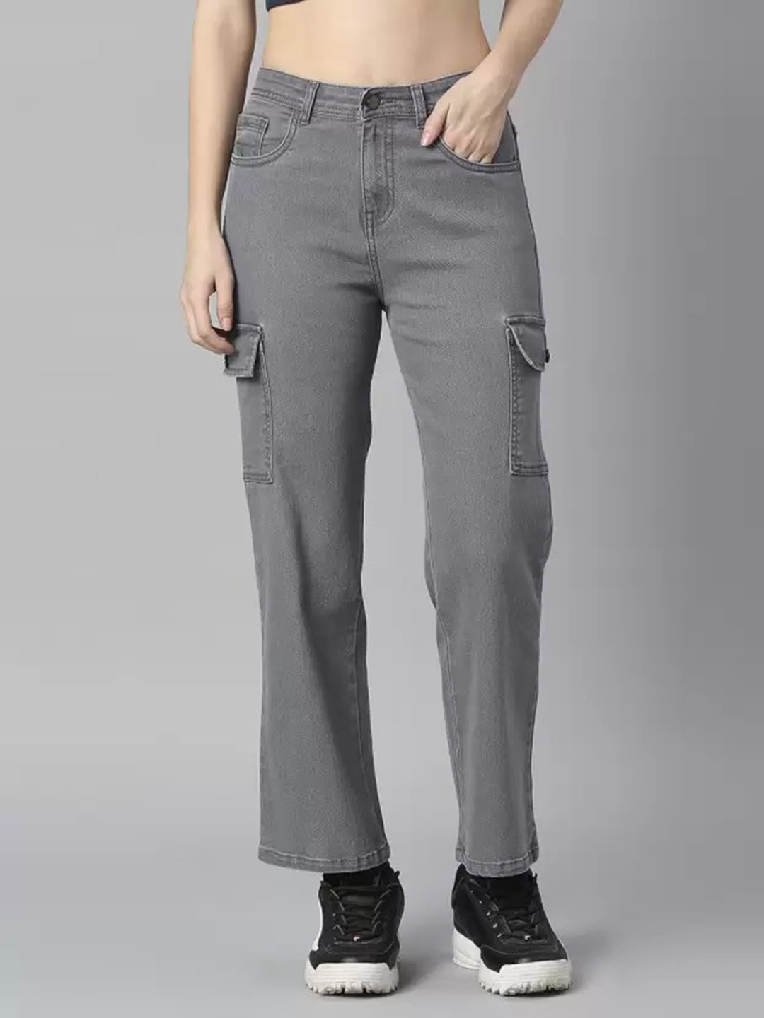 

WESTCHIC Women Straight Fit High-Rise Clean Look Cargo Styles Jeans, Grey