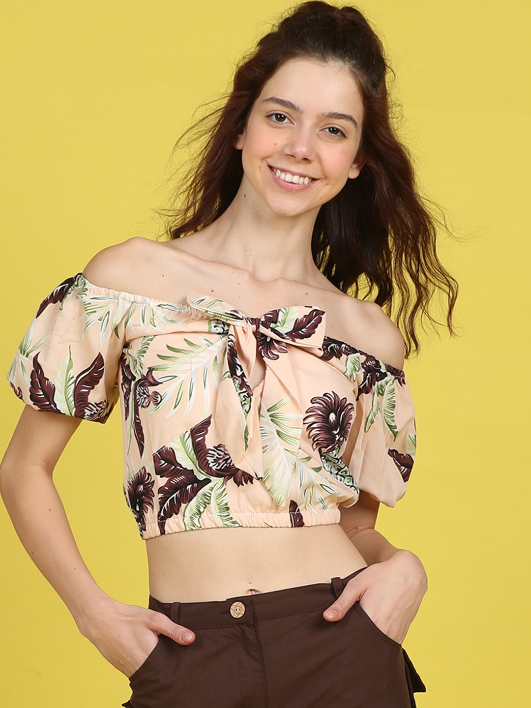 

Cutiekins Floral Print Off-Shoulder Puff Sleeve Crop Top, Peach